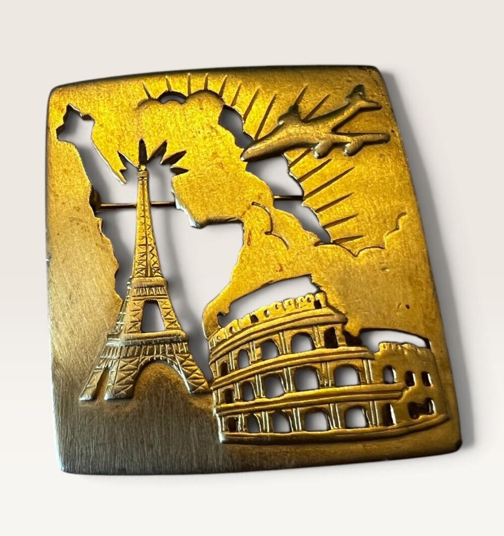 Vintage JJ Jonette Jewelry Gold Tone World Travel Brooch